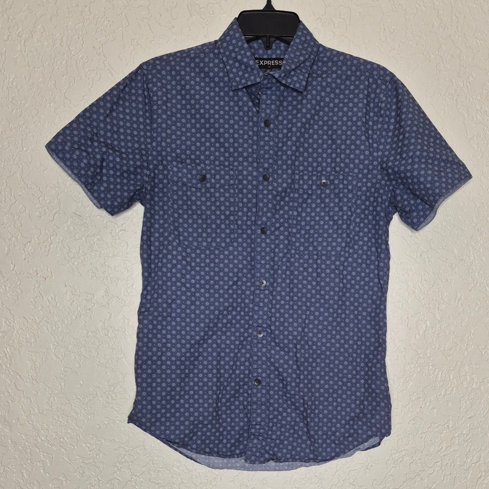 Express Mens Blue Geometric Medallion Print Short Sleeve Button Down Shirt Small